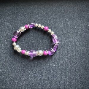 Purple Bead Stretch Bracelet with Silver Accents - Women's Jewelry